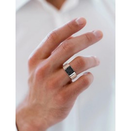 STARCHENIE Sterling Silver Men's Wedding Band Ring with Cubic Zirconia, Signet Style, Multiple Sizes (Black, 10)