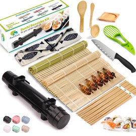 Sushi Making Kit - 22PC Bamboo Plastic Kit for Beginners & Pros with Sushi Bazooka, Knife, Mats, Avocado Slicer, Chopsticks, Sauce Dishes & More - Sushi Plates