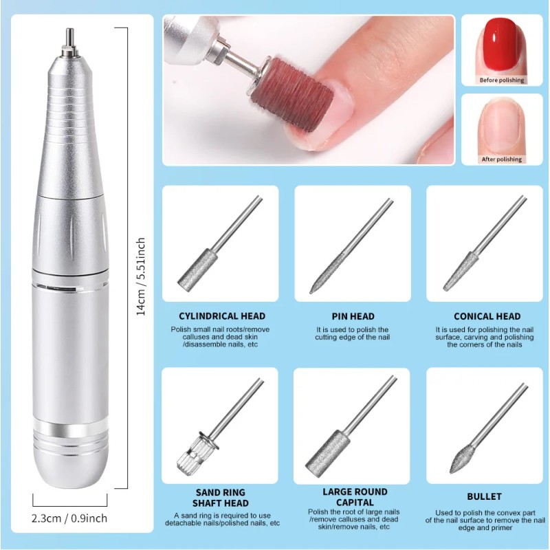 Professional Portable Stainless Steel Nail Drill File Buffers 45000 RPM