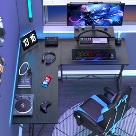 Mr IRONSTONE Gaming Desk with LED Lights, L Shaped Desk Corner with Cup Holder & Headphone Hook, Computer Desk Home Office Desks with Large Monitor Stand, Carbon Fiber Surface, Black 51 Inch