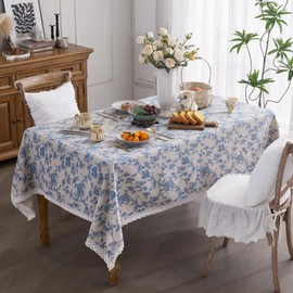 Fantastshop Pastoral Rectangle Tablecloth - Cotton Linen Washable Table Cloth with Blue Floral Patterns - Farmhouse Style Vintage Table Cover with Lace Trim for Dining Table Decor. 60 x 102 Inch.