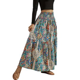 YHYJMY Women's Boho Skirt Elastic High Waist Pleated A-Line Flared Maxi Skirts Womens Flowy Long Skirts, Green, Small