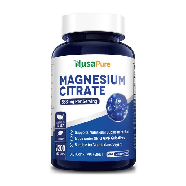 Magnesium Citrate 833mg Supplement - 200 Veggie Capsules (Vegetarian, Non-GMO & Gluten Free) Max Strength