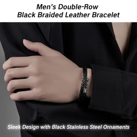 UAIAGM Mens Wrist Bracelet Cool Double Row Braided Leather Wristband with Black Metal Bands Stainless Steel Bracelets for Men Trendy Fashion Jewelry Accessories