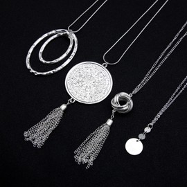 Create idea 4pcs Long Pendant Necklace for Women Tassel Y Necklace Set for Girls Sweater Necklace Multilayer Punk Chain for Women Men Silver, Metal