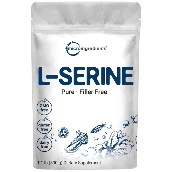 Pure L Serine Powder, 500 Grams (250 Day Supply), Filler Free, Supports Production of L-Cystine & L-Tryptophan for Brain Health, Water Soluble, No GMOs, No Gluten
