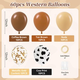 60pcs Western Balloons, Brown Nude Gold Confetti Cow Print Latex Cowboy Balloons for Farm Cowboy Western Baby Shower Birthday Party Decorations