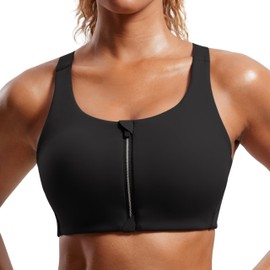 CRZ YOGA Womens Zip Front High Impact Sports Bra - Molded Cup Adjustable Convertible Straps Wireless Workout Yoga Crop Top Black 36D