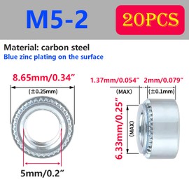 Qrity 20Pcs Rivet Nuts, M5-2mm Self Clinching Nuts, Carbon Steel Threaded Press Insert Nutsert Fastener