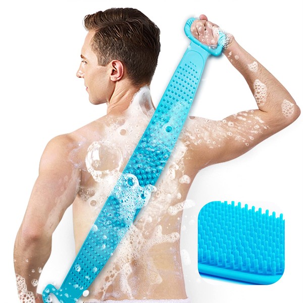 Inmorven Back Scrubber for Shower,30inches and 35½ inches Two Size for Choosing Silicone Exfoliating Bath Body Brush with Handle for Men and Women. (Blue)