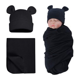 XIAOHAWANG Baby Swaddling Cloth Cotton with Newborn Hat Baby Burp Cloths Soft Comfortable Swaddling Cloth for Baby Girls, Boys (Black)