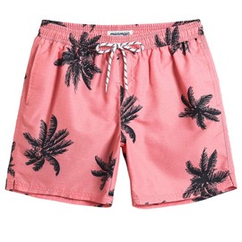 MaaMgic Mens Short Swim Trunks Quick Dry Swimming Shorts Print Bathing Suits with Mesh Lining,Red-Palm-Tree,Small