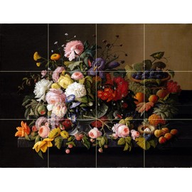 Still Life Flowers and Fruit by Severin Roesen Tile Mural Kitchen Bathroom Wall Backsplash Behind Stove Range Sink Splashback 4x3 4.25" Ceramic, Matte