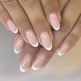 24PCS Deep White French Tip Press On Nails - Nude Pink Fake Nails For Women - Oval Shape Stick On Set Premium ABS Material 12 Sizes With Glue Complete DIY Manicure Kit For Art Lovers