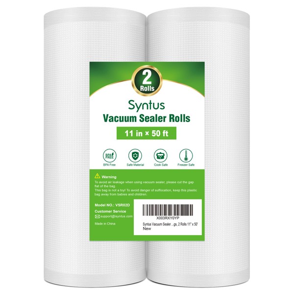 Syntus Vacuum Sealer Bags for Food, 2 Rolls 11" x 50' Commercial Grade Bag Rolls, Food Vac Bags for Storage, Meal Prep or Sous Vide