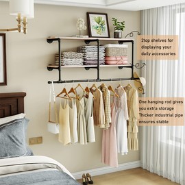 MAIKAILUN Industrial Pipe Clothes Rack with Wood Shelf, 52" Long Wall Mounted Clothing Rack with Hanging Rod for Laundry Room, Heavy Duty Pipe Shelves, Closet Storage, Retail Boutique Display