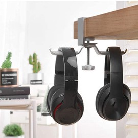 Headphone Stand Hanger Under Desk,360 Degree Rotating PC Gaming Headset Holder Aluminum Clamp Hook, Universal (Silver Double)