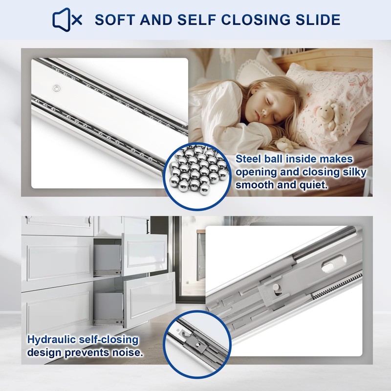 Probrico 1 Pair Soft Close Drawer Slides 24 Inch, Ball