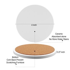 Atemws Coasters for Drinks Absorbent with Holder,Set Of 6 White Marble Coaster 4" Modern Circle Drinks Coasters Ready-To-Paint Ceramics Coaster Non-Slip Cork Base