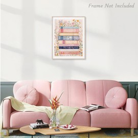 Dazzlewall Vintage Pink Canvas Wall Art, Retro Floral Book Stack Artwork Print Girls Room Dorm Wall Decor for Bedroom Living Room, 12x16 in Unframed