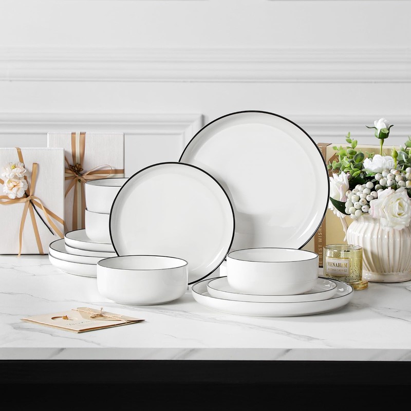 MALACASA Plates and Bowls Sets, 12 Pieces Modern Porcelain Dinnerware