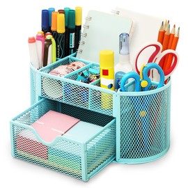 Chumix Desk Organiser, Office Organiser with Drawer and Pen Holder, Non-Slip Mesh Metal Desk Organiser, Space Saving, Para, Home, School, Office (Light Blue)