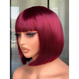 CURLCRAZY Bob Wig with Bangs 10 Inch Short Straight Bob Wig for Women Burgundy Bob Wig Synthetic Wig Natural Looking for Daily Use(Burgundy)
