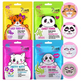 7Days Cloth Masks Face Set Animal with Moisturising and Anti-Wrinkle Effect Natural Extracts and Vitamins Beauty Face Mask Women Men Girls for Korean Skincare Pack of 4