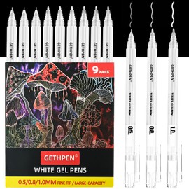 White Gel Pens, 05/08/10mm Assorted Tip Opaque Archival Ink Pen for Journaling, Art, or Drawing - For Holiday Gifts & DIY Projects, white ink pens for Art, 9 Pack