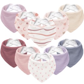 Susurration Baby Bib Triangular Scarf Muslin Neckerchief Baby for Boys and Girls, Neckerchief Drool Bib Baby Adjustable Pack of 10 (Pinkes Heart)