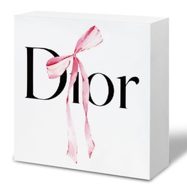 Preppy Girls Room Decor Wood Box Sign, Pink Trendy Bow Wooden Block Sign Desk Decor for Girl College Dorm Bedroom Wall Tabletop Shelf Table Decoration Keepsake