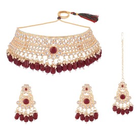 Efulgenz Indian Kundan Jewelry Set Traditional Crystal Faux Pearl Choker Necklace Earrings Maang Tikka Head Chain Bollywood Bridal Wedding Jewelry for Women, Copper, No Gemstone