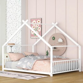 Metal Montessori Floor Bed Frame Full Size, Montessori Bed with Headboard and Footboard, Full Size House Floor Beds with Slats Support, Easy Assemble, White