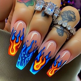 QQPPOLIU Hot Girls Press on Nails Long Length Coffin Shape with Fire Design Fake Nails for Prom and Party