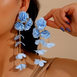 Bohemia Fabric Flower Earrings,Long Tassel Earring Fashion Floral Stud Exaggerated Statement Y2K Aesthetics Summer Beach Earring Jewelry for Women, Large, Fabric, No Gemstone