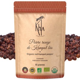Khla - Red Kampot Pepper 80g - Organic Red Kampot Peppercorns - Premium Cambodian Pepper - Grand Cru, Mild & Fruity - for Grinder Refill - Direct from Producer - Limited Production - Origin Cambodia