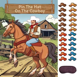 Cowboy Birthday Party Games for 24 Players- Pin The Hat on The Cowboy Western Party Games Cowboy Horse Poster with 24 Stickers & 1 Eye Masks Wall Game Photo Background for Birthday Western Party