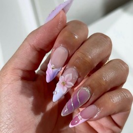 3D Almond Press on Nails Medium Fake Nails Glossy Purple False Nails with Flower Pearl Design Acrylic Glue on Nails Full Cover Stick on Nails Summer Artificial Nails for Women Girls Manicure 24Pcs