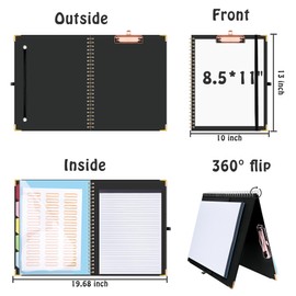 HAUTOCO Clipboard A4 Folder with Refillable Lined Notepad, Clipboards with 5 A4 Folders Storage 10 Pockets, A4 Clipboard with Lid, Spiral Clip Board for School, Office, Black