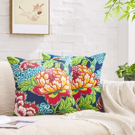 BLESFEST Pack of 2, Chinoiserie Pillow Cover 20 x 20 Inch Peony Floral Pillow Covers Linen Flower Throw Pillow Covers Farmhouse Pillowcase Cushion Covers for Sofa Couch Living Room Navy Pink