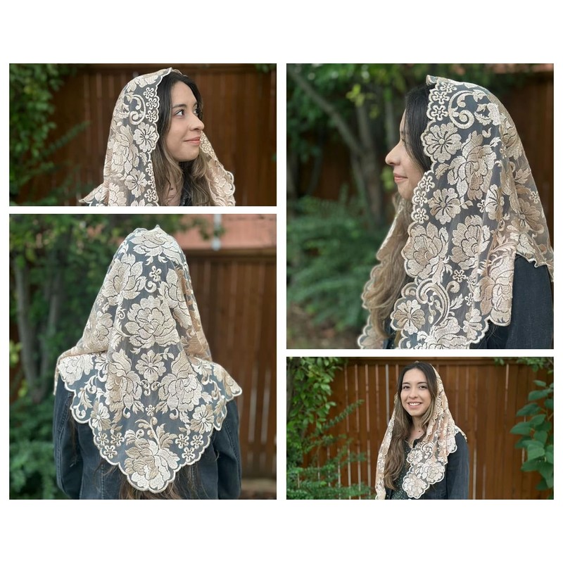 Bozidol Church Mantilla Catholic Veil: White Peony Flowers Embroidered Lace
