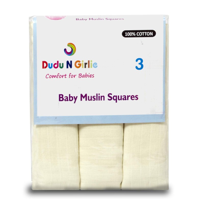 3 X (Cream/Blue/White) Supreme Quality Baby Muslin Squares 100% Cotton