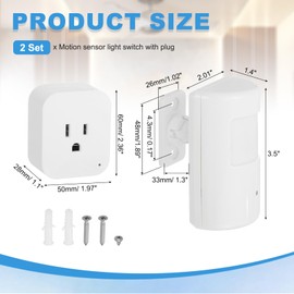 MECCANIXITY 2Pcs Motion Sensor Switch with Plug-in Motion Activated Light Control Adjustable Detection Range for Bathroom Kitchen, Control Bedroom Lamp White