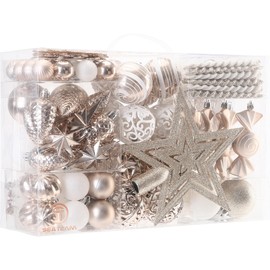 Sea Team 130-Pack Assorted Shatterproof Plastic Christmas Ball Ornaments Set, Decorative Baubles, Pendants, Decorations with Tree Topper Star for Xmas Tree, Wreath, Garland (Champagne, White)