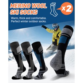 Niorasen Merino Wool Ski Socks Men Unisex, 2 Pairs Thermal Knee-High Socks for Winter, Full Cushion Thick Socks, Skiing, Snowboarding, Outdoor Sports, Hunting, Hiking, Black/Dark Blue 2 Pairs, UK 9-15
