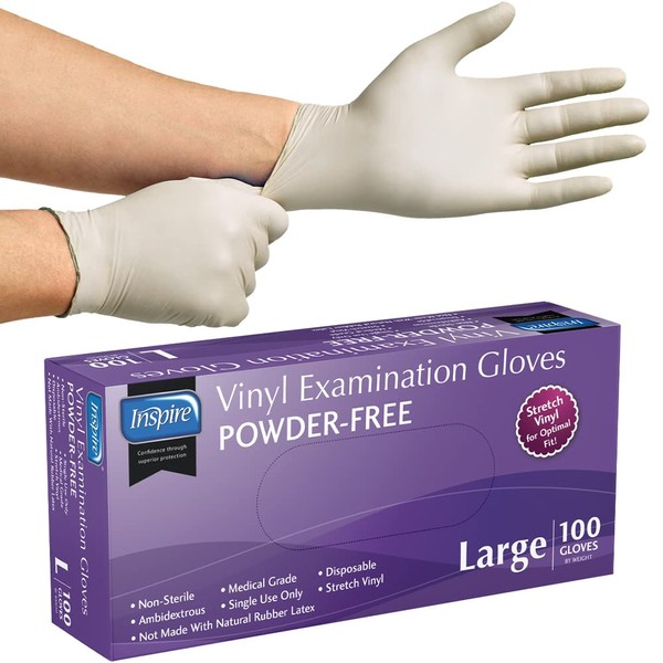 Inspire Stretch Vinyl Exam Gloves | THE ORIGINAL Quality Vinyl Gloves Disposable Latex Free Medical Gloves Cleaning Gloves, Large Box Of 100