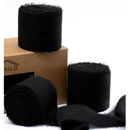 Black Ribbon Chiffon Ribbon for Gift Wrapping, FAKILO Fringe Ribbon 3 Rolls 1.5'' x 10Yd Vintage Ribbon Set for Wedding Invitations, Birthday/Holiday Party Decorations, Bridal Bouquets