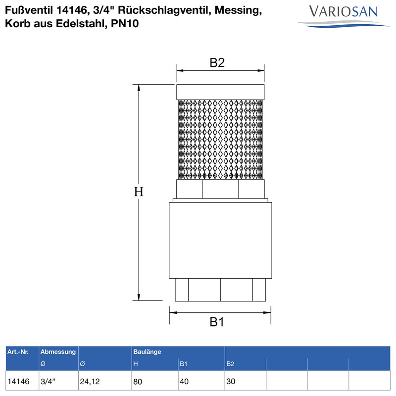 VARIOSAN Foot Valve 14146, 3/4 Inch Check Valve, Brass, Stainless