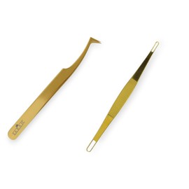 F.A.R.A.H Blackhead Remover & Volume Lash Tweezer Set – Gold Surgical Steel Tools – Dual Ended Acne Extractor & 6A-SA Angled Lash Separator for 3D-6D Lashes – Titanium Coated