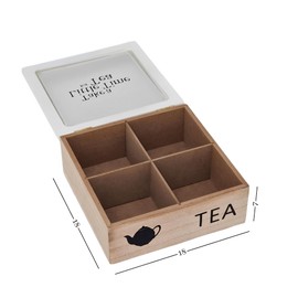 The Square Wooden Herbal Tea Box with 4 Tea Boxes, White Tea Bag Holder Box, 18 x 18 x 7 cm